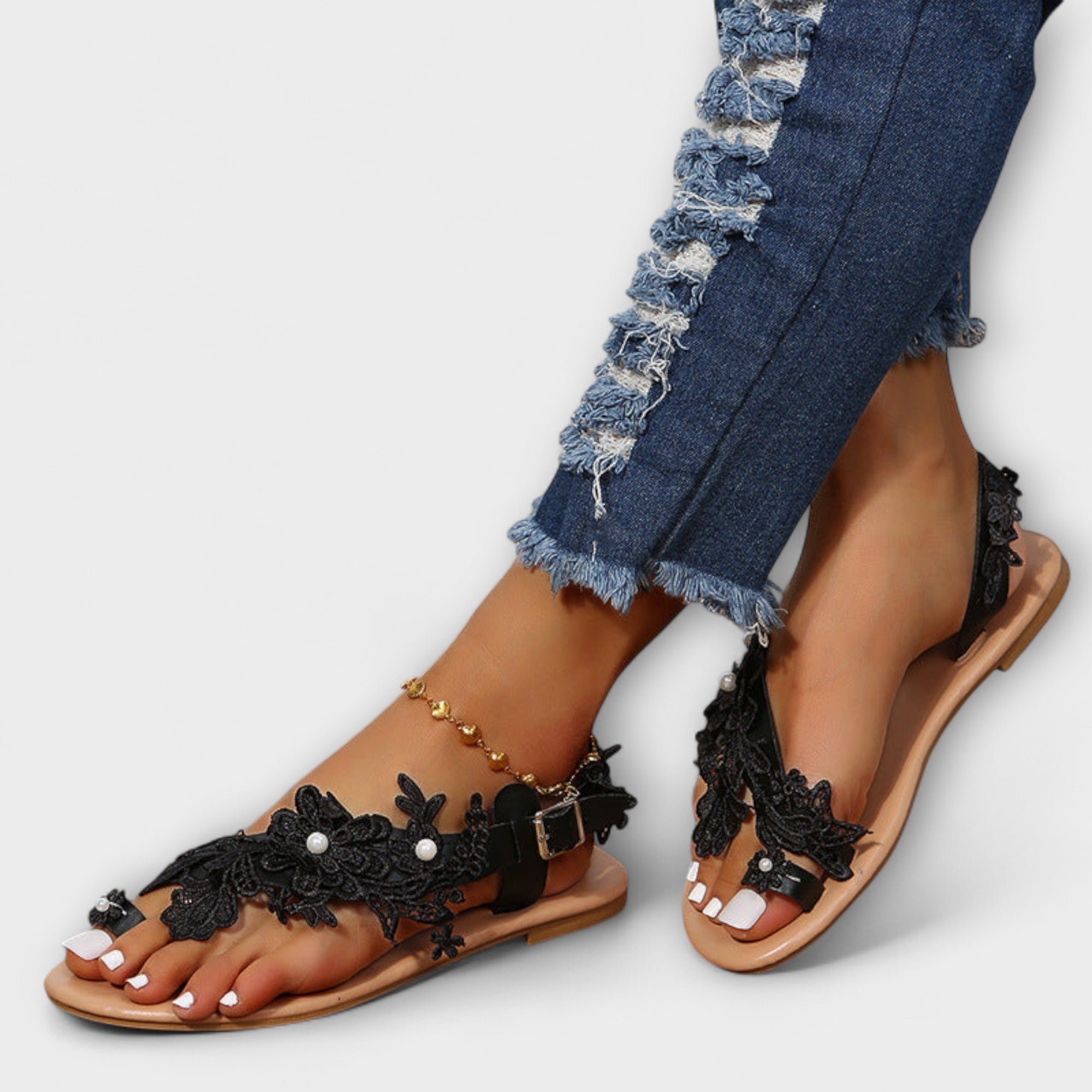 Boho - Sandales Confortables avec Fleurs et Bride de Cheville