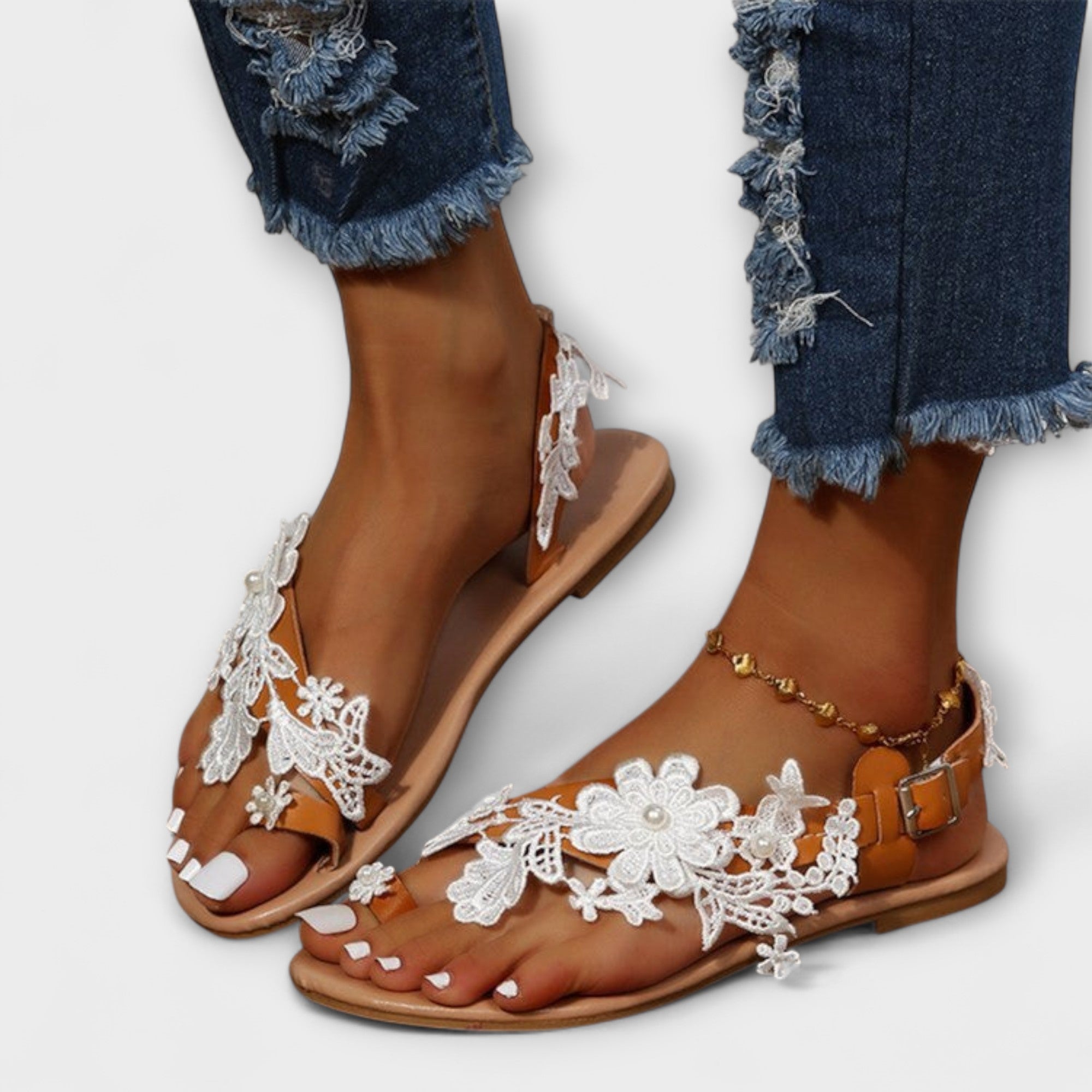Boho - Sandales Confortables avec Fleurs et Bride de Cheville