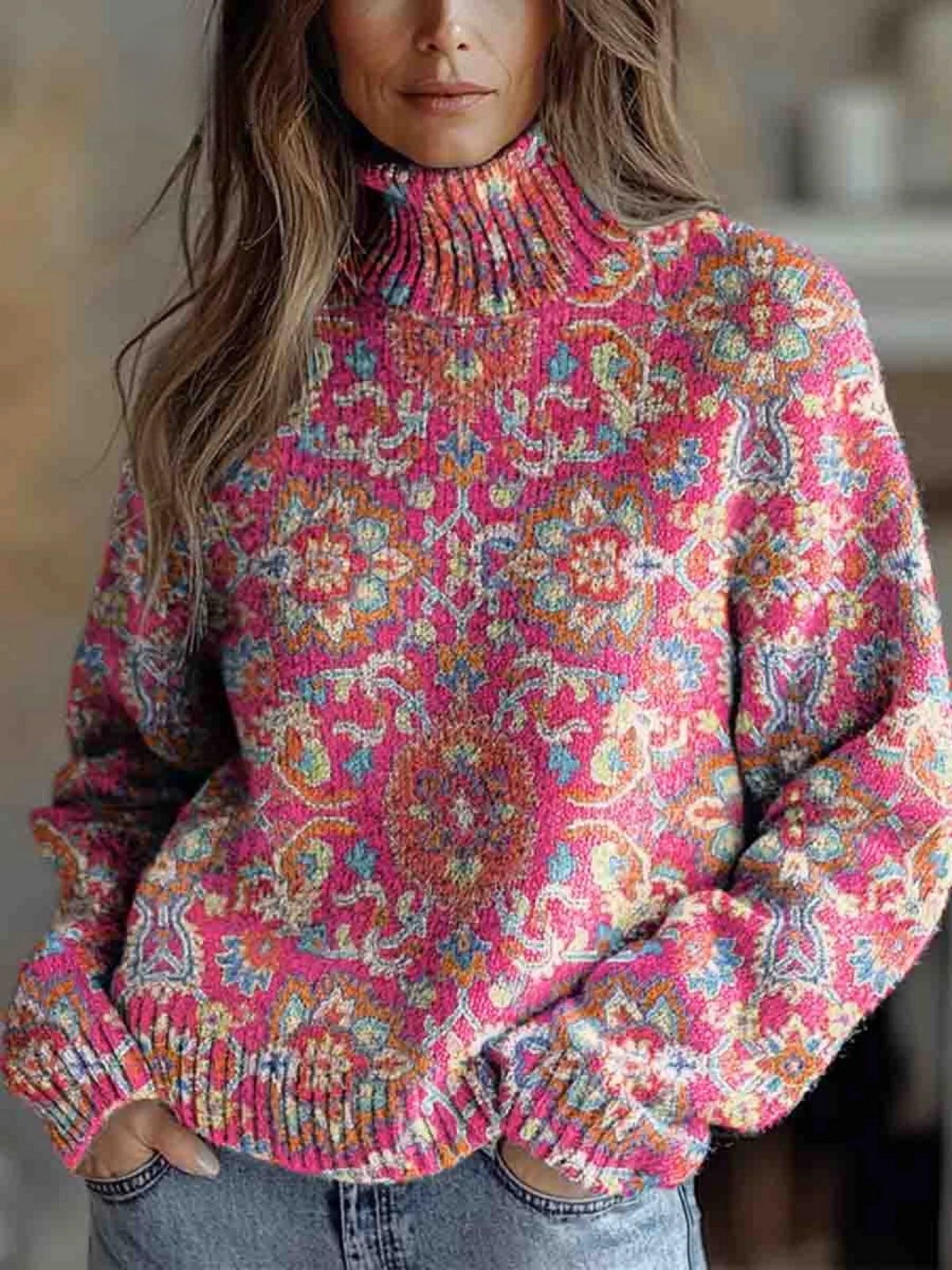 Madita® | Pull pour femmes avec motif floral rétro-ethnique et col haut
